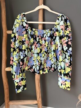 Free People Ariana Floral Smocked Off-Shoulder Top - Black Multi